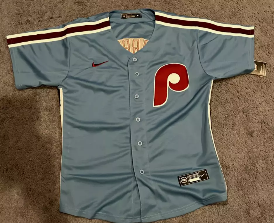 Men's Bryce Harper Philadelphia Phillies Phillie Phanatic Patch Cool Base Blue Jersey - All Stitched photo review